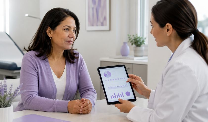 Una paciente y su médica revisando resultados en una tablet